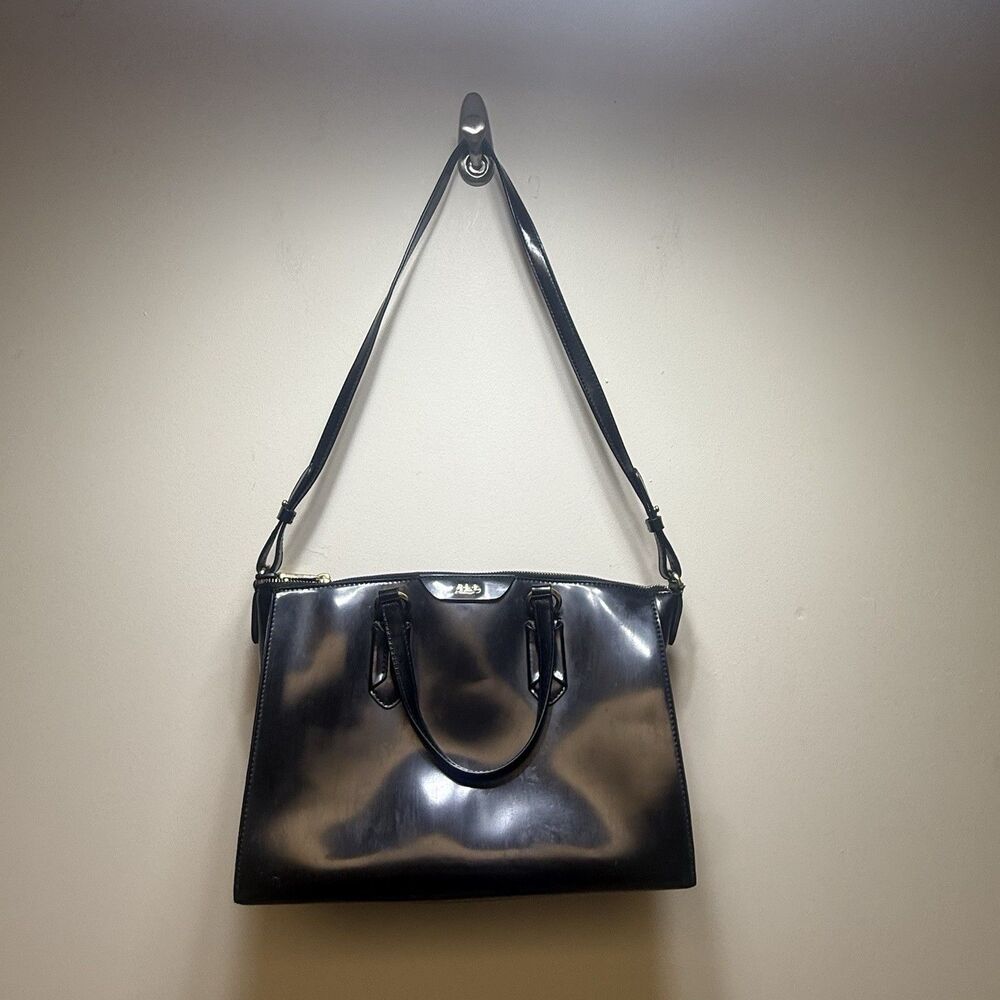 Lauren Ralph Lauren RLL Vintage Black Patent Faux Leather Satchel Tote Bag - Picture 2 of 12